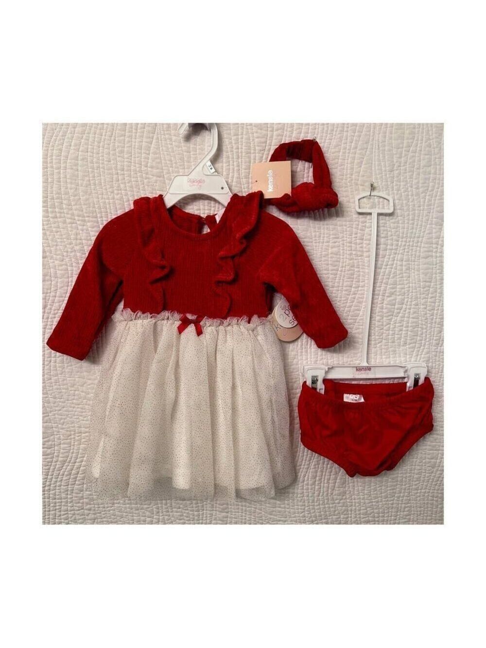 Babys Christmas Sweater Dress Set sz 12m Holiday Glitter Outfit Long Sleeve Red